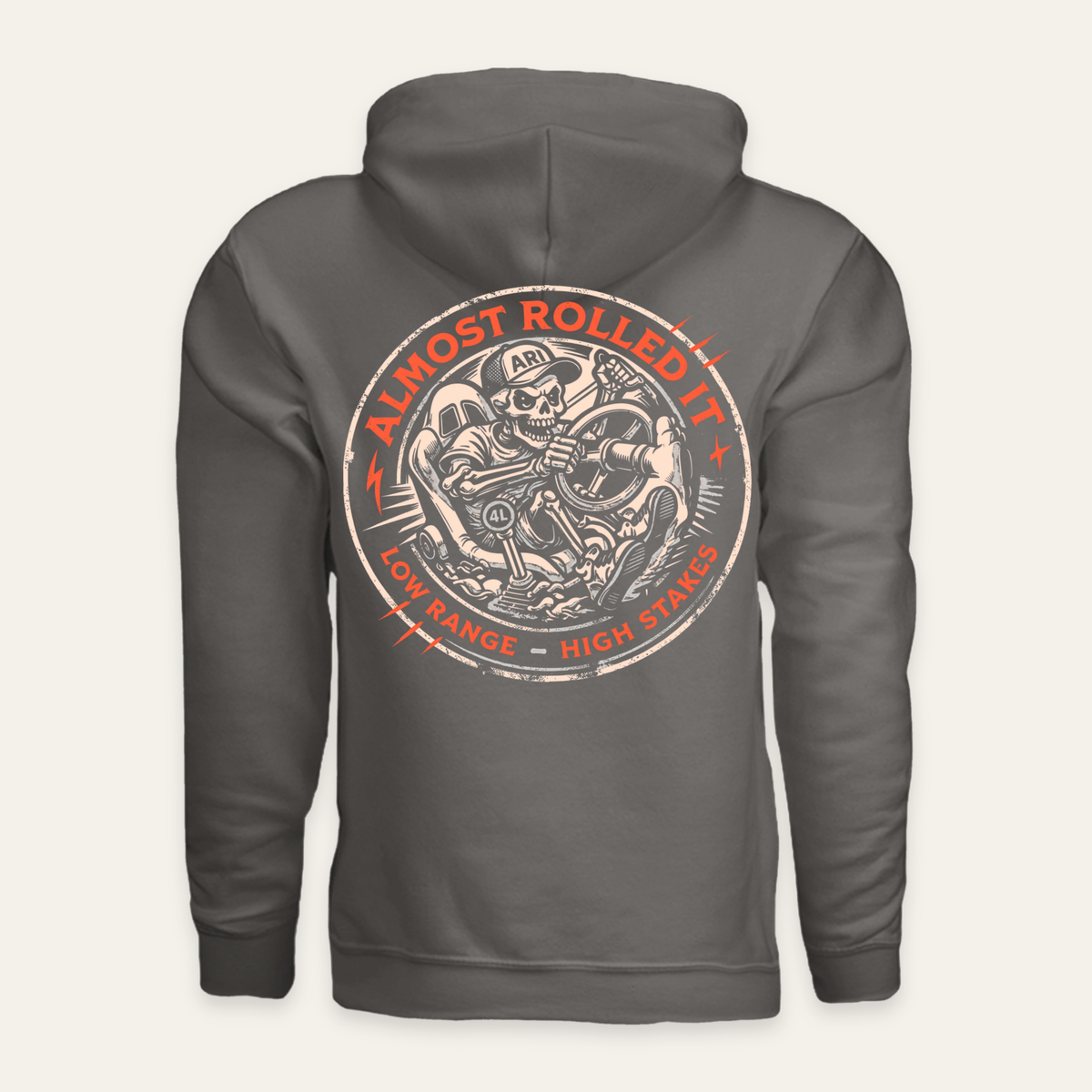 ARI Skull Driver Hoodie in Charcoal — back flat lay