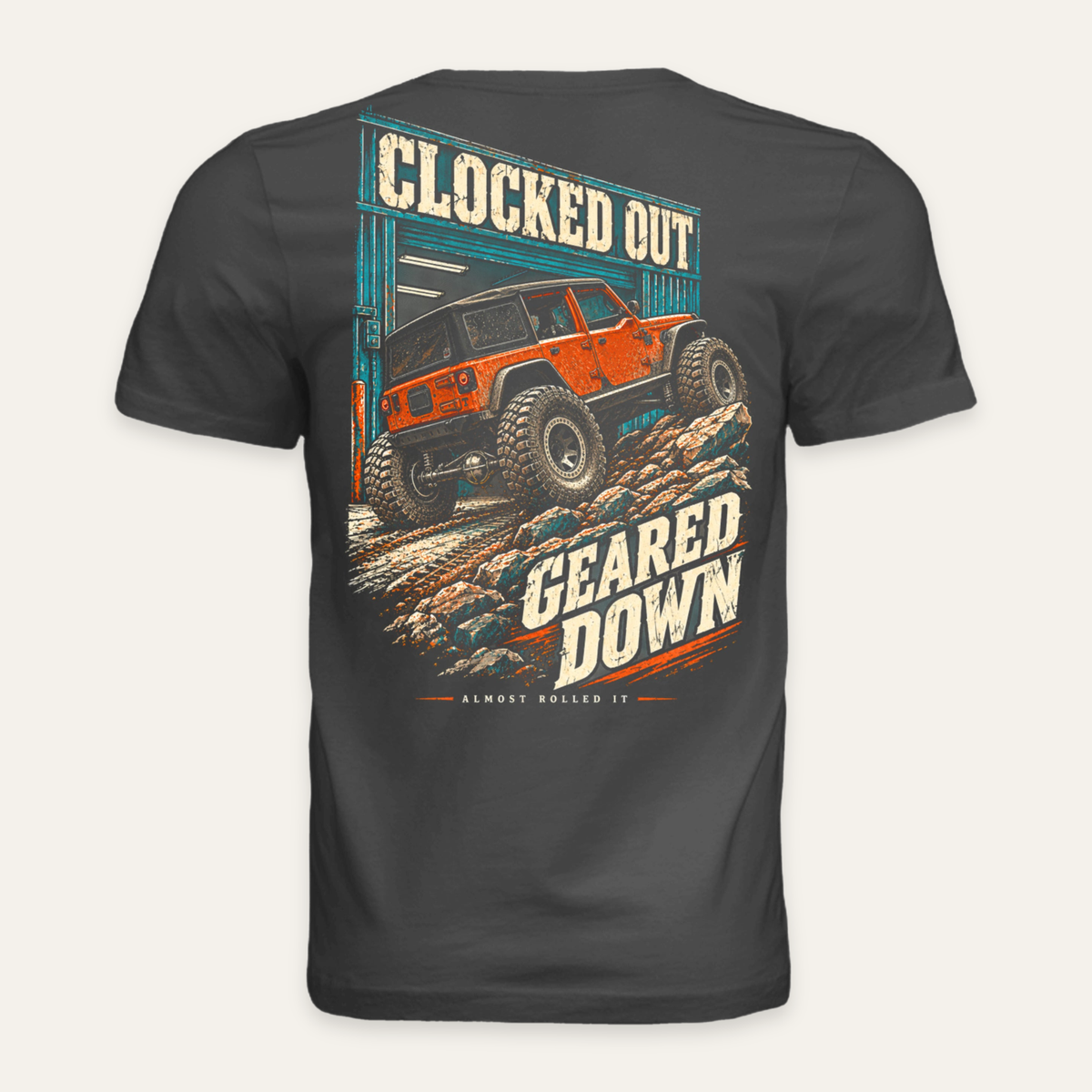 Clocked Out Geared Down Tee in Dark Grey — back flat lay