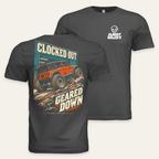 Clocked Out Geared Down Tee in Dark Grey — paired front and back flat lay