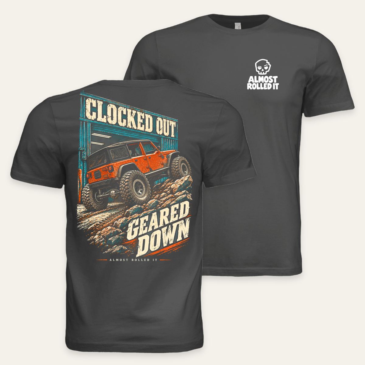 Clocked Out Geared Down Tee in Dark Grey — paired front and back flat lay