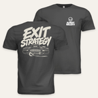 Exit Strategy Tee — Dark in Dark Grey — paired front and back flat lay