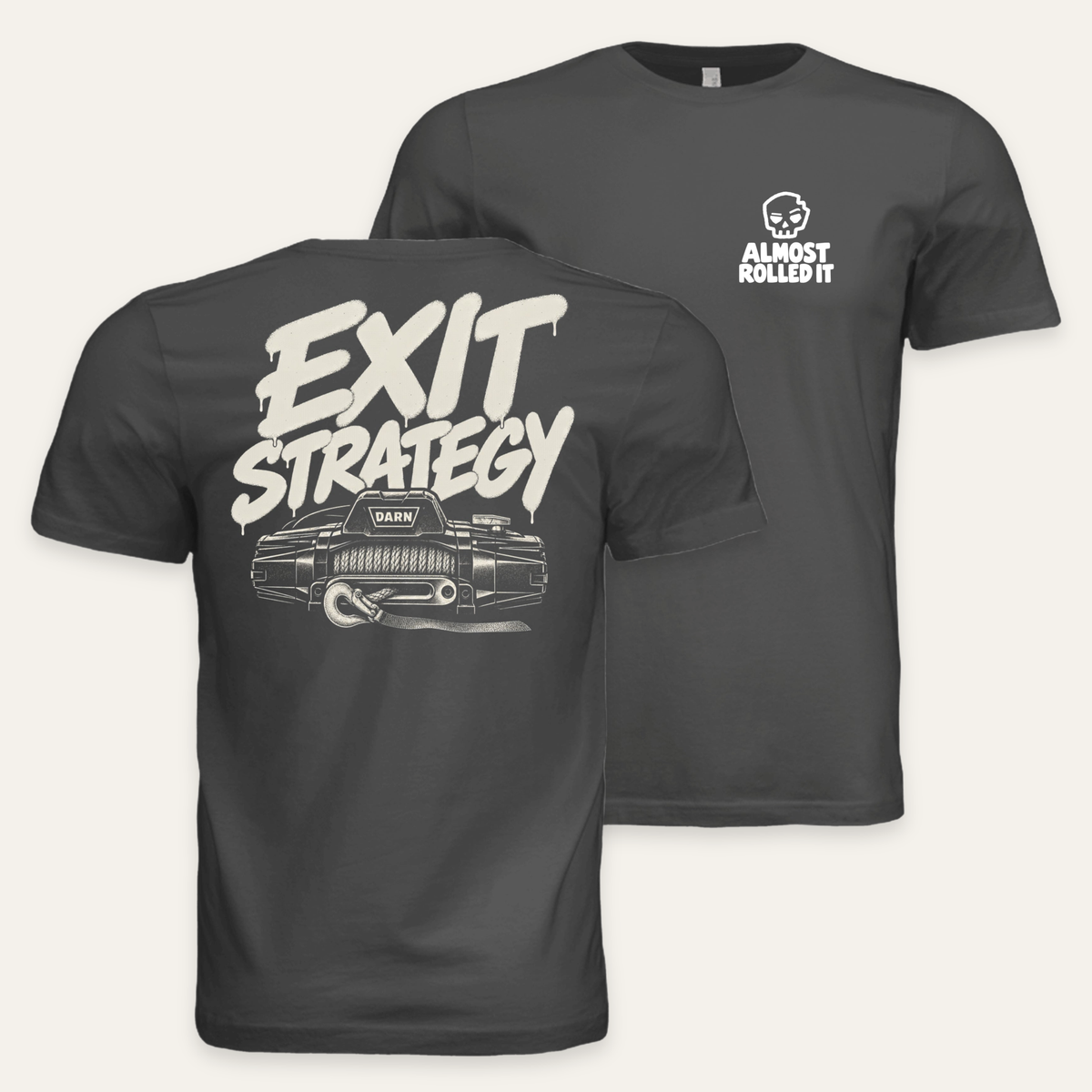 Exit Strategy Tee — Dark in Dark Grey — paired front and back flat lay