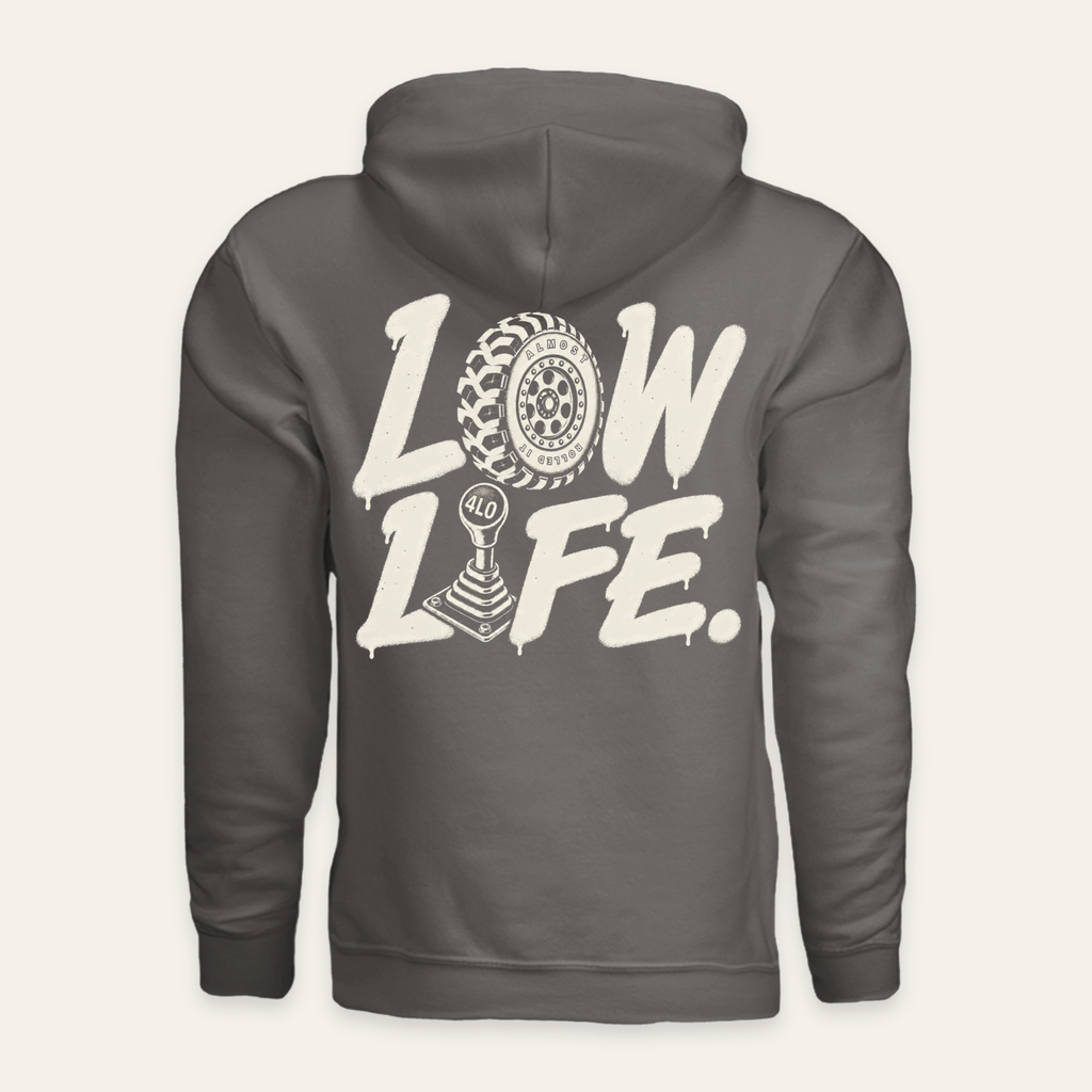 Low Life Hoodie in Charcoal — back flat lay