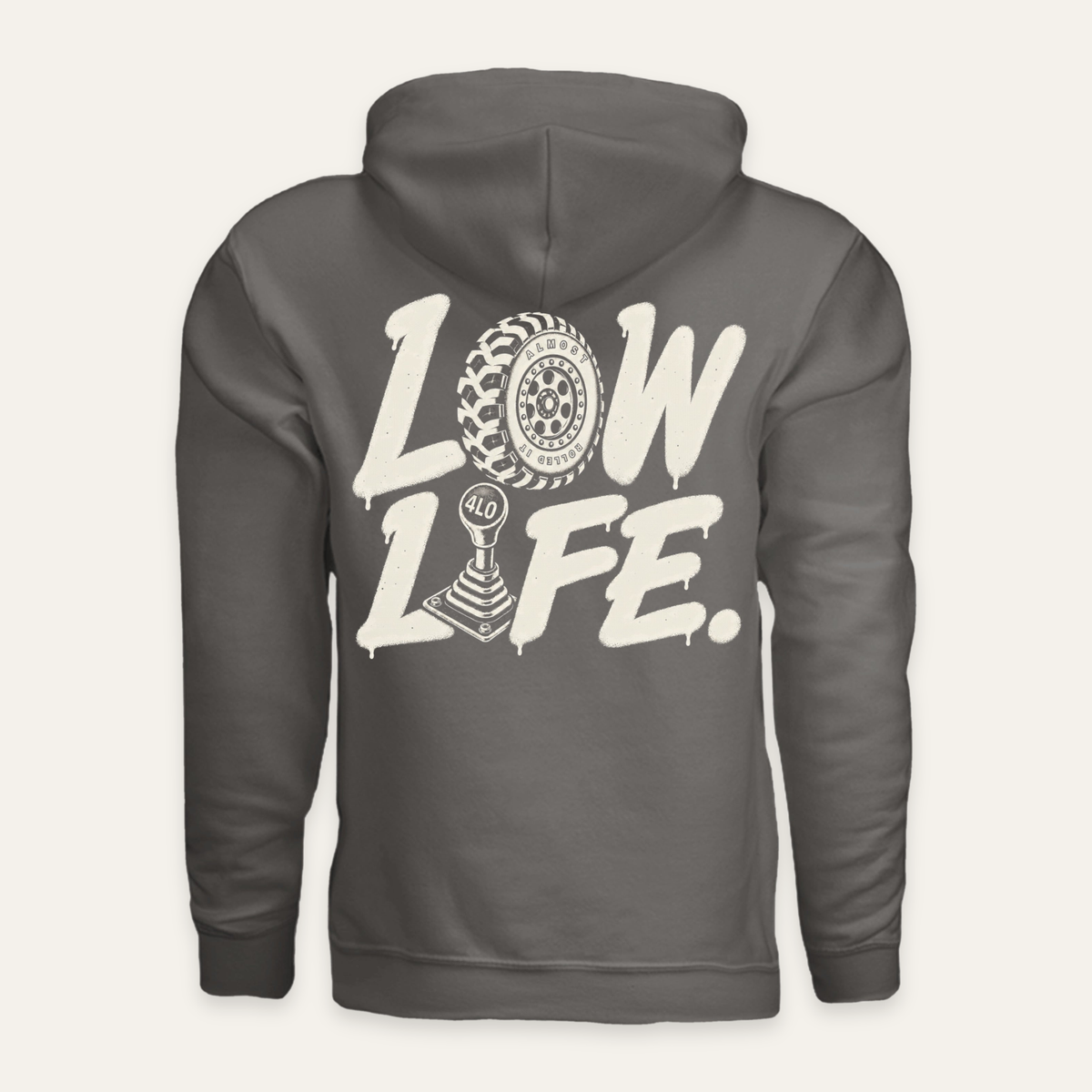 Low Life Hoodie in Charcoal — back flat lay