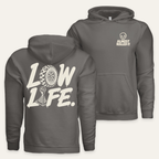 Low Life Hoodie in Charcoal — paired front and back flat lay