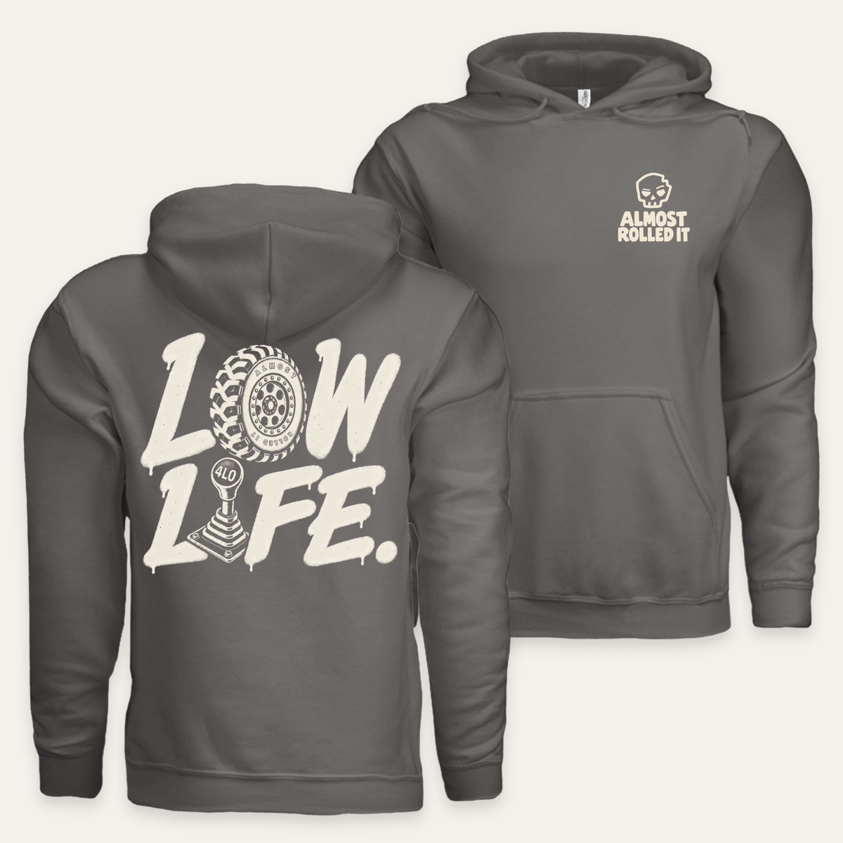 Low Life Hoodie in Charcoal — paired front and back flat lay