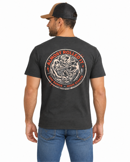 4Lo Skull Tee in Dark Grey, male back studio mockup