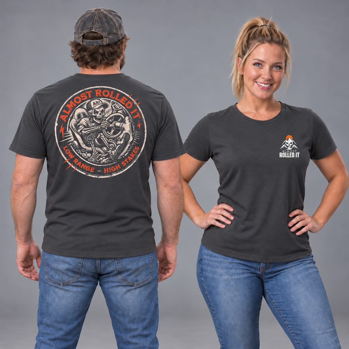 Male back and female front studio views of the Dark Grey 4Lo Skull unisex tee.
