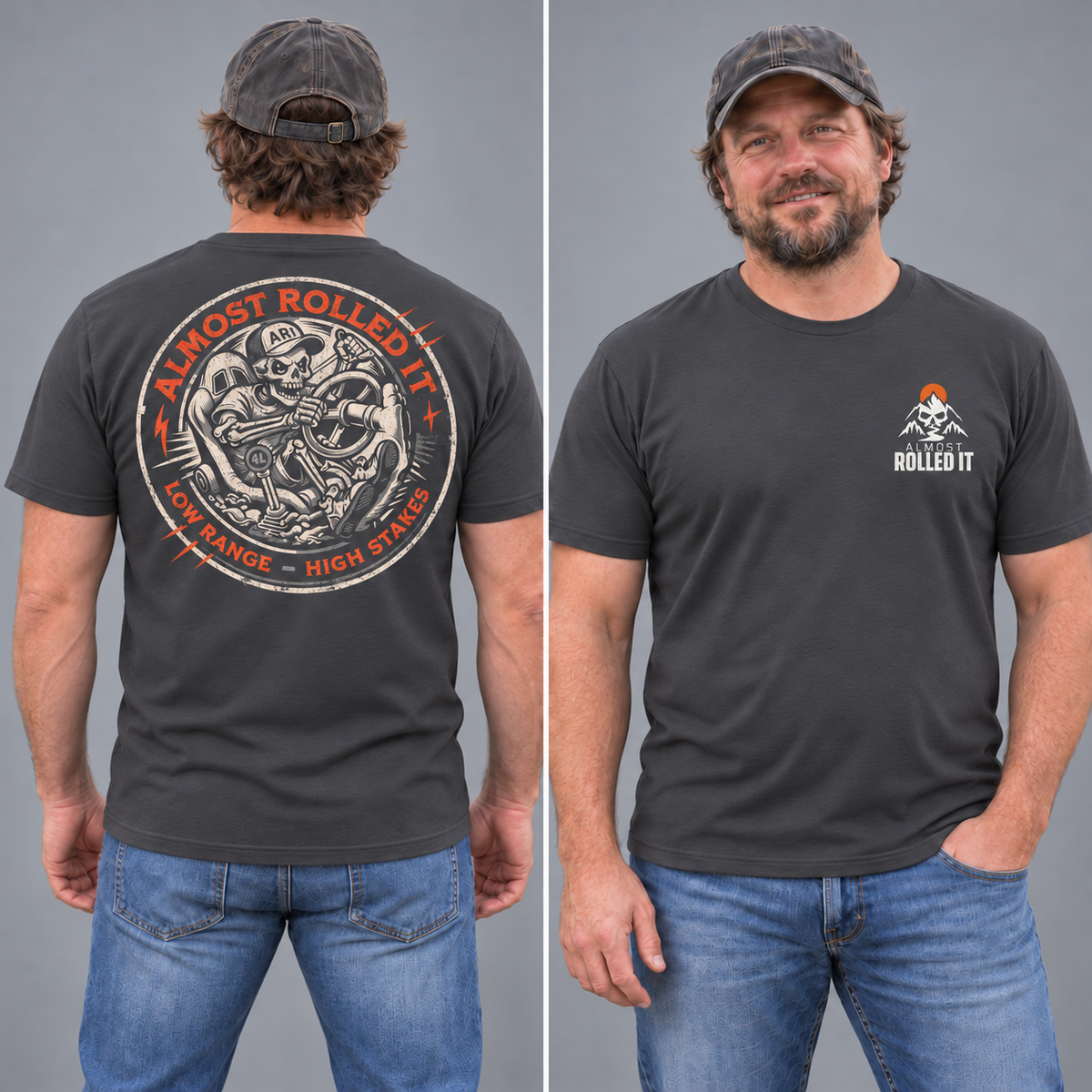 Male model showing the Dark Grey 4Lo Skull tee from the back and front in a gray studio.