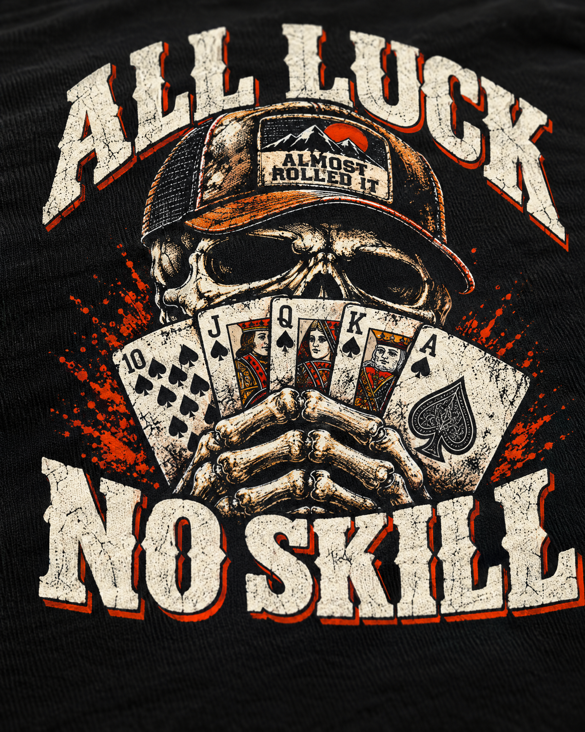 Close-up of the All Luck No Skill print: skeleton hands holding a royal flush of spades
