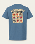 Are We Stuck Yet? youth tee in indigo blue, back view: Trail Bingo card with Stuck circled