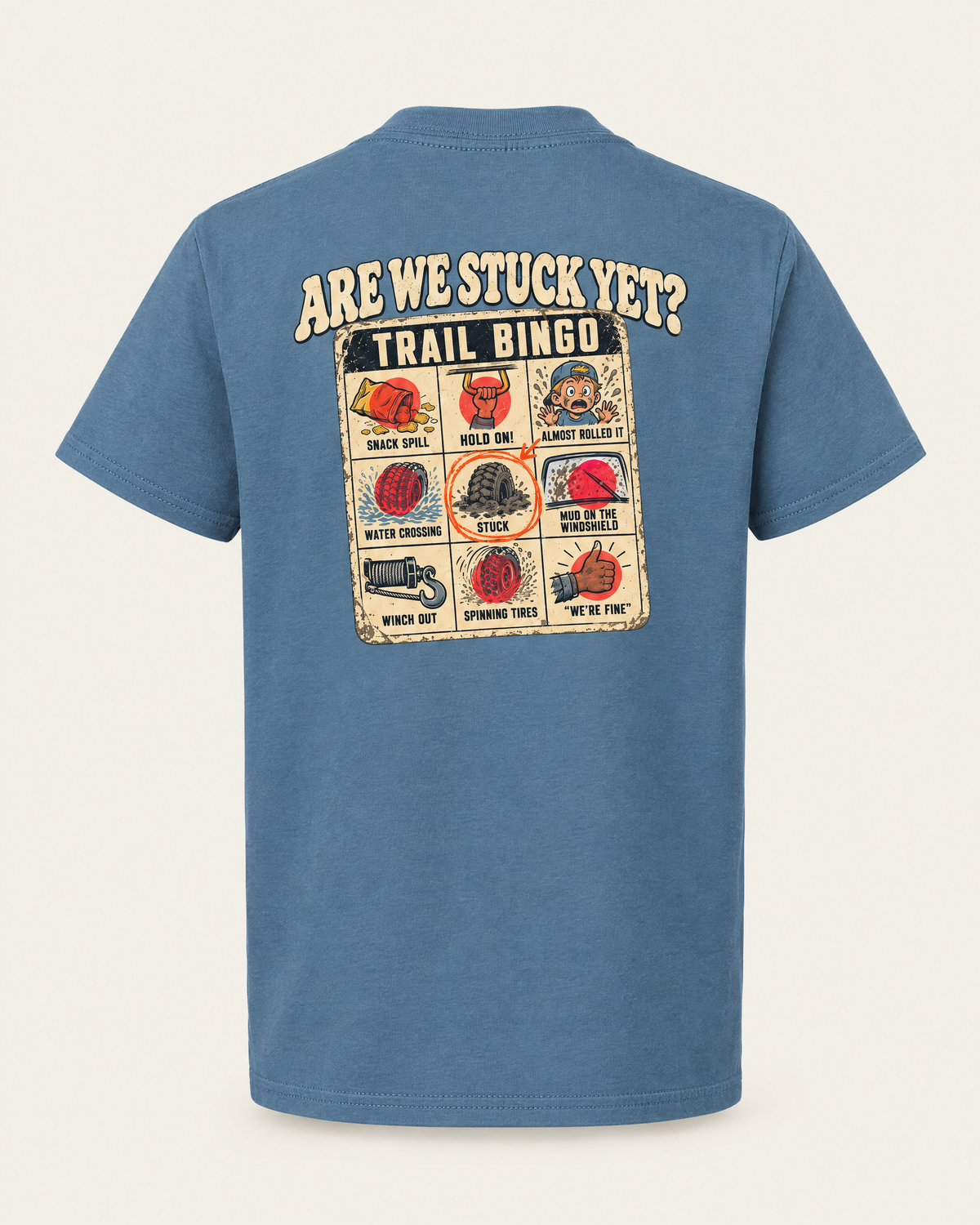 Are We Stuck Yet? youth tee in indigo blue, back view: Trail Bingo card with Stuck circled