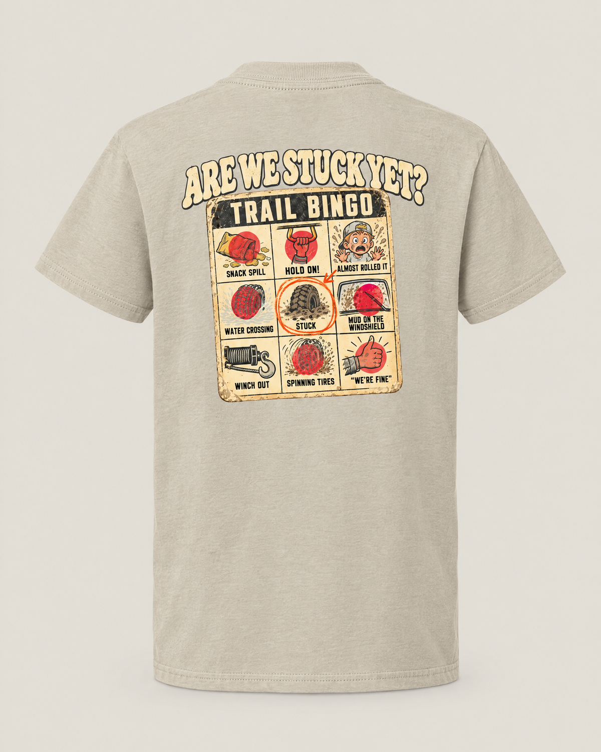 Are We Stuck Yet? youth tee in sand, back view: Trail Bingo card with Stuck circled
