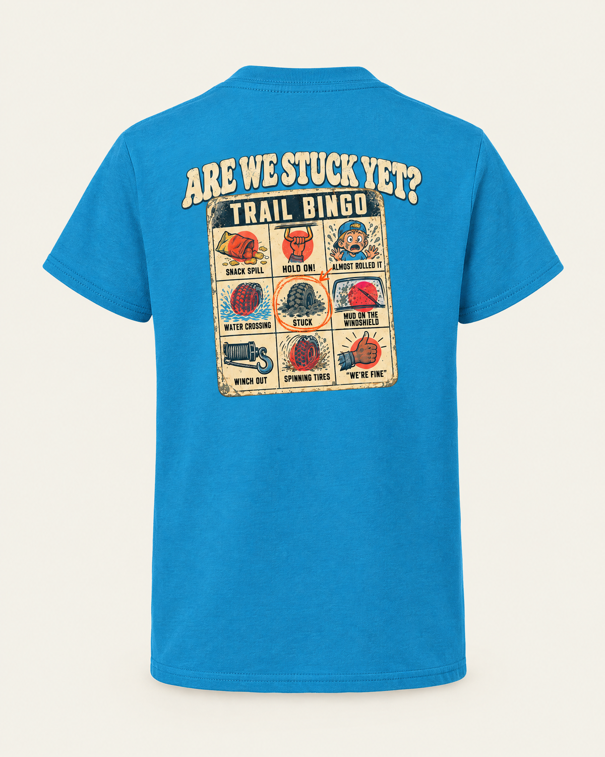 Are We Stuck Yet? youth tee in sapphire, back view: Trail Bingo card with Stuck circled