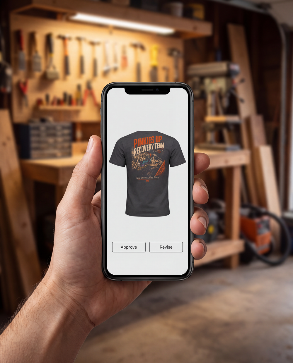 A custom shirt proof on a phone with Approve and Revise buttons
