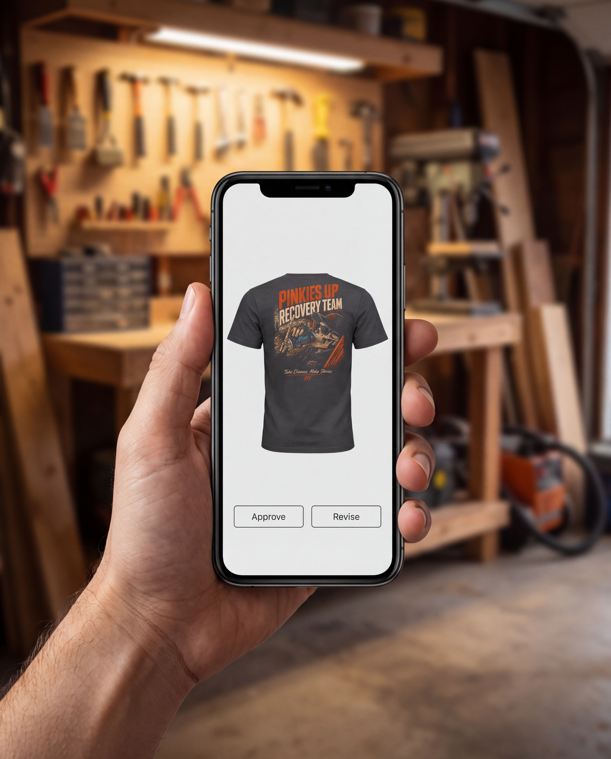 A custom shirt proof on a phone with Approve and Revise buttons