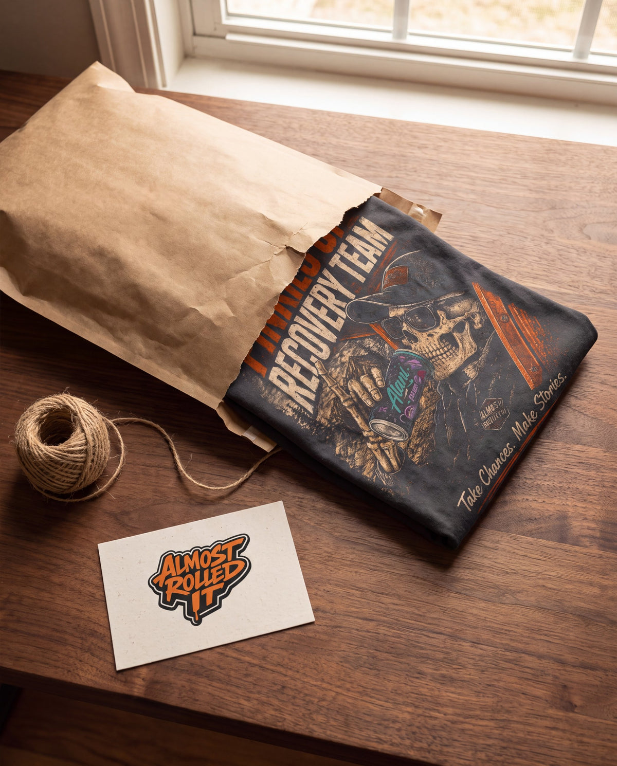 A custom tee pulled from its mailer with a thank-you card