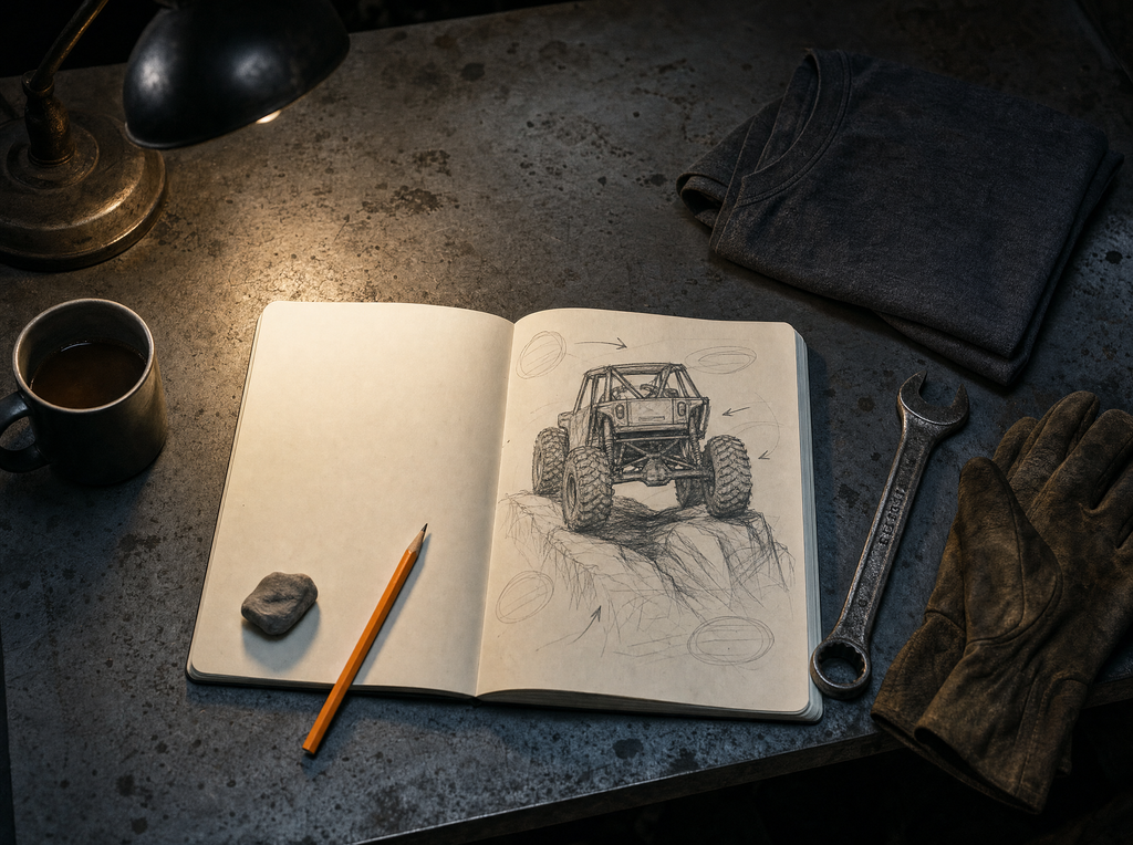 Sketchbook on a workbench where custom designs get drawn