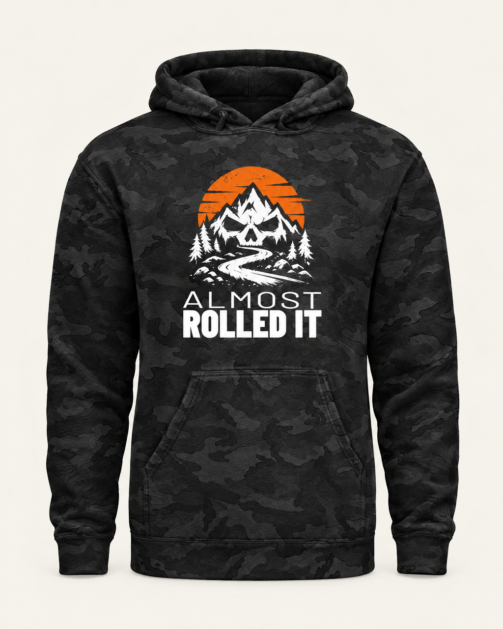 Almost Rolled It Camo Hoodie in black camo, front view, with the skull-and-mountains mark on the chest
