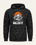 Almost Rolled It Camo Hoodie in black camo, front view, with the skull-and-mountains mark on the chest