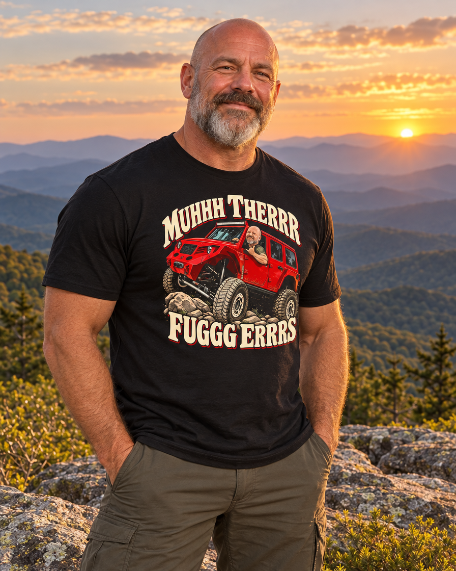 Man wearing the Fuggers tee on a Blue Ridge mountain ledge at sunset