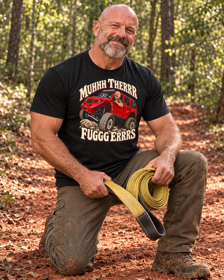 Man kneeling on a red-clay trail with a recovery strap, wearing the Fuggers tee