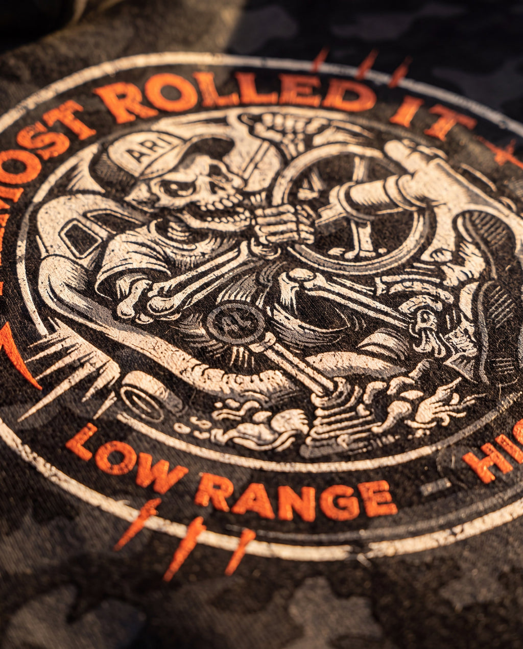 Close-up of the 4Lo Skull badge print on camo fleece