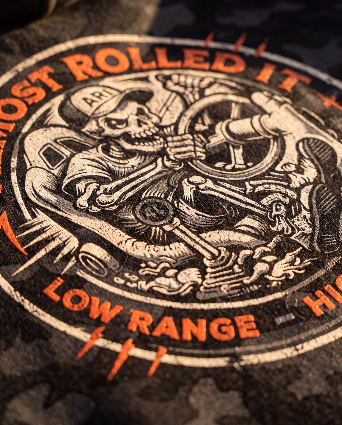 Close-up of the 4Lo Skull badge print on camo fleece