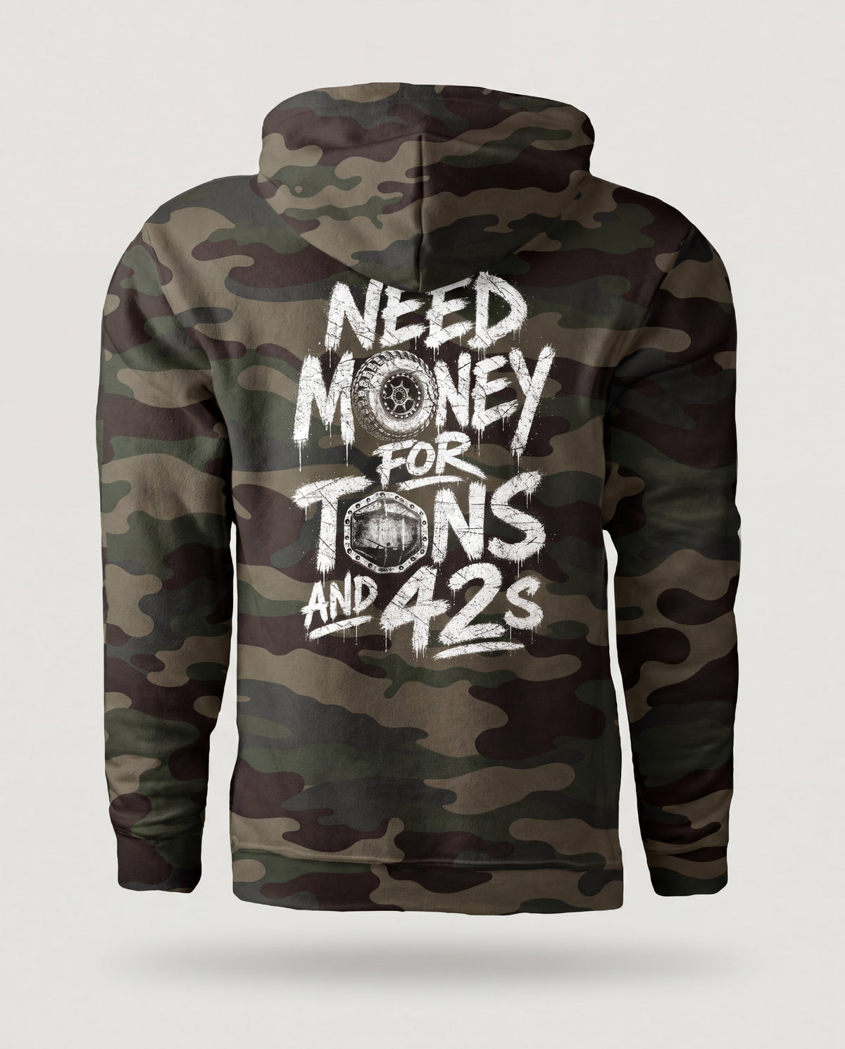 Tons & 42s hoodie in forest camo, back view: white brush lettering