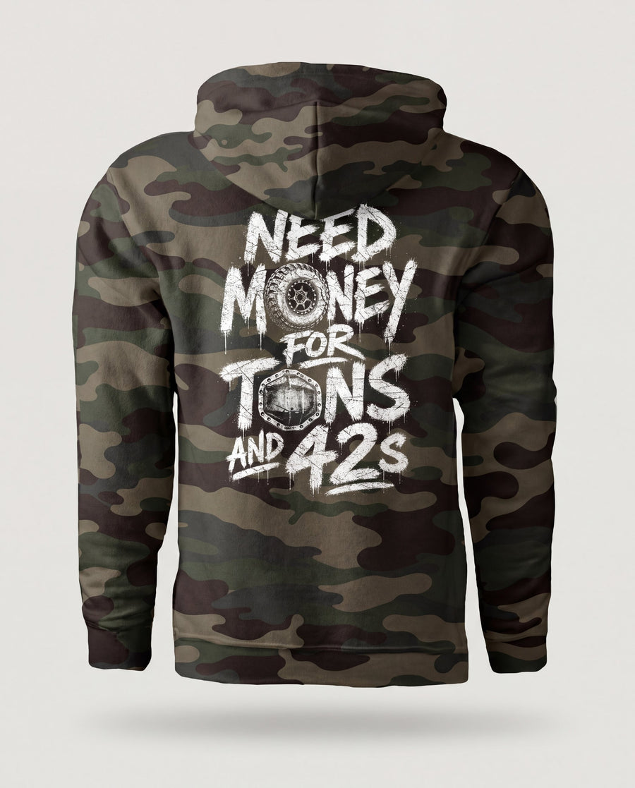 Tons & 42s hoodie in forest camo, back view: white brush lettering