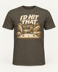I'd Hit That tee in army, front view: cream I'D HIT THAT lettering over a boulder canyon illustration