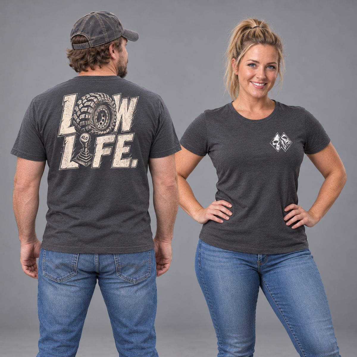 Low Life tee in Dark Grey, male back and blonde female front studio views, showing the back artwork and current double-diamond ARI left-chest mark.