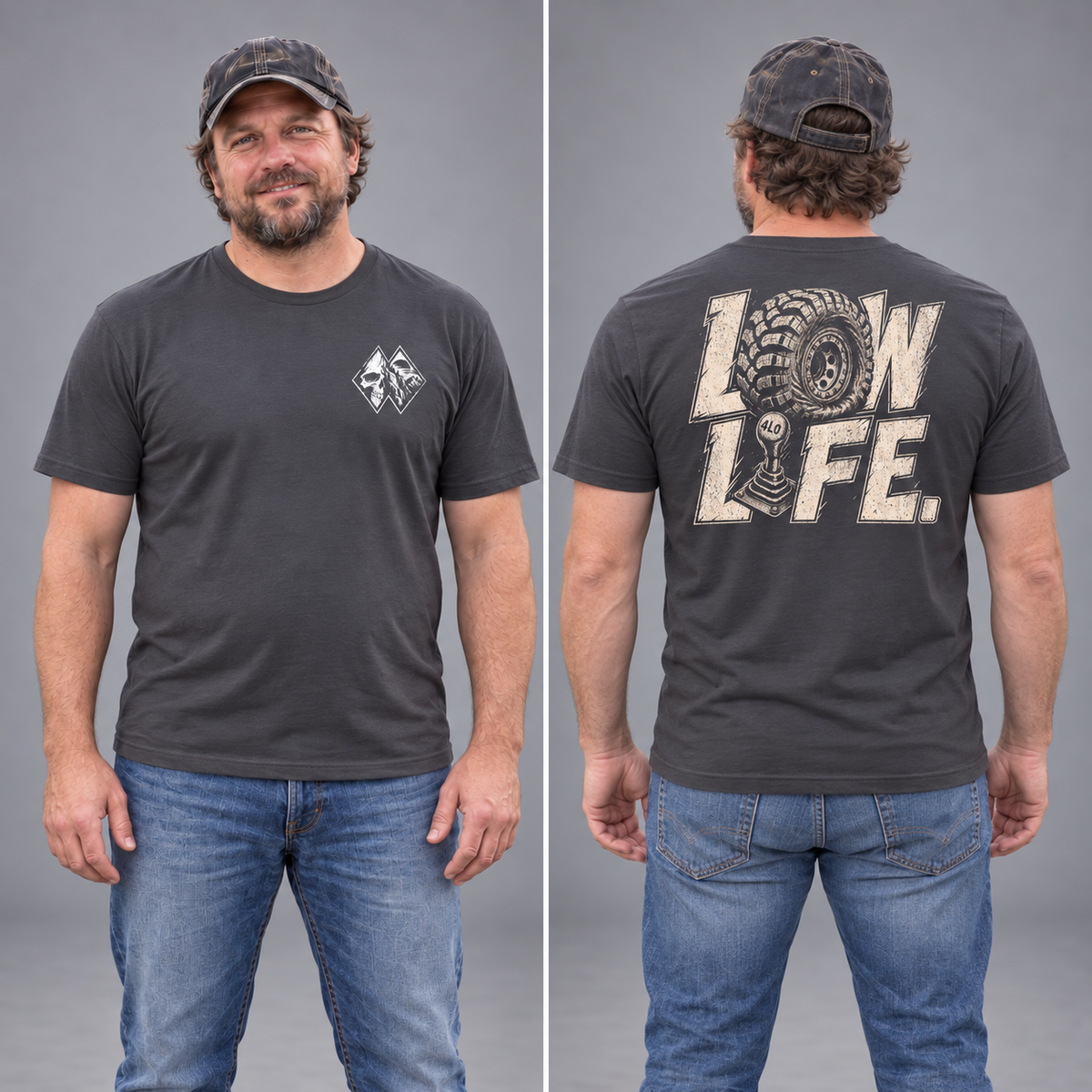 Low Life tee in Dark Grey, same male model front and back studio views, showing the back artwork and current double-diamond ARI left-chest mark.