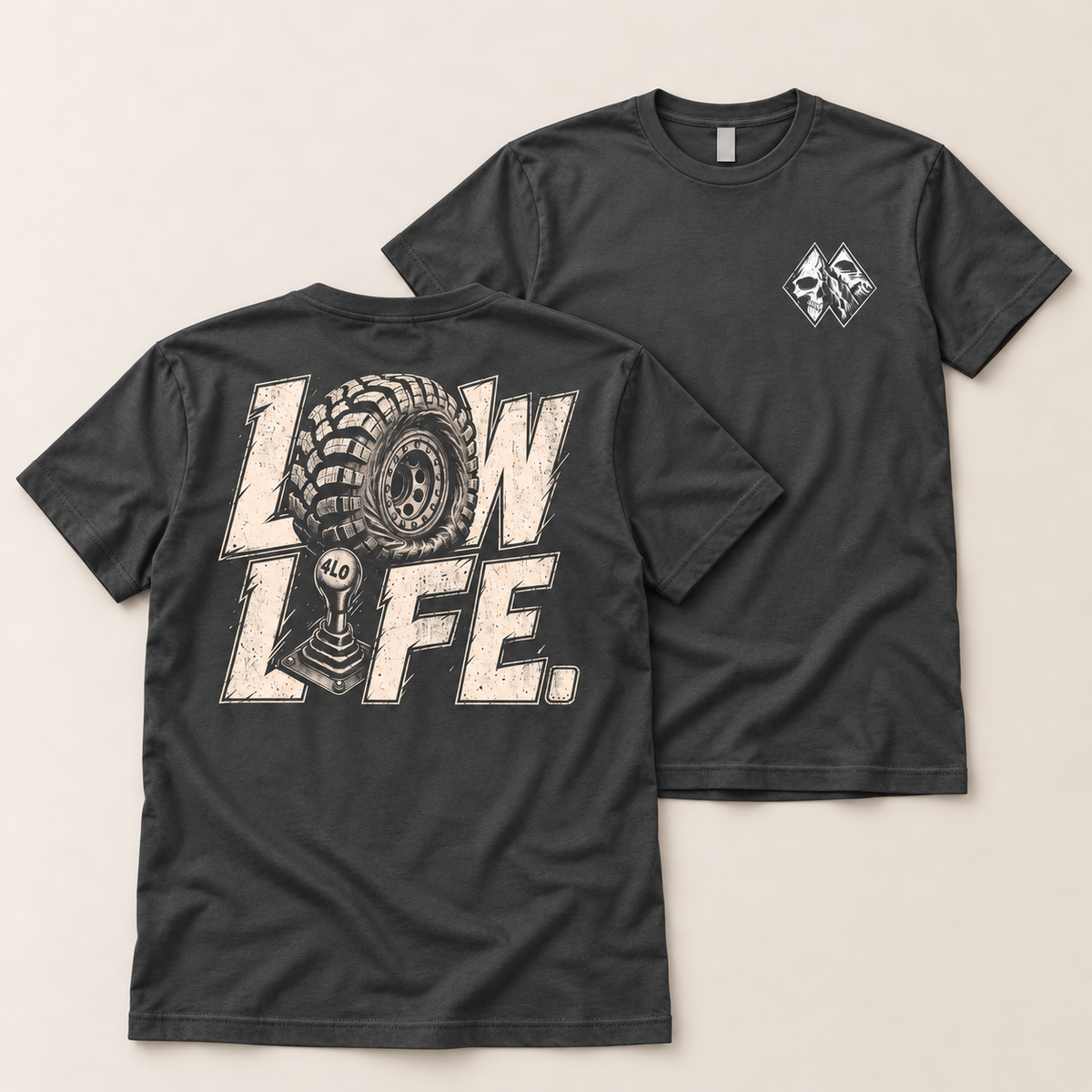 Low Life tee, overlapping front and back flat lays with the back tee in the lower-left foreground and front tee behind at upper right, matching the approved F2 composition.