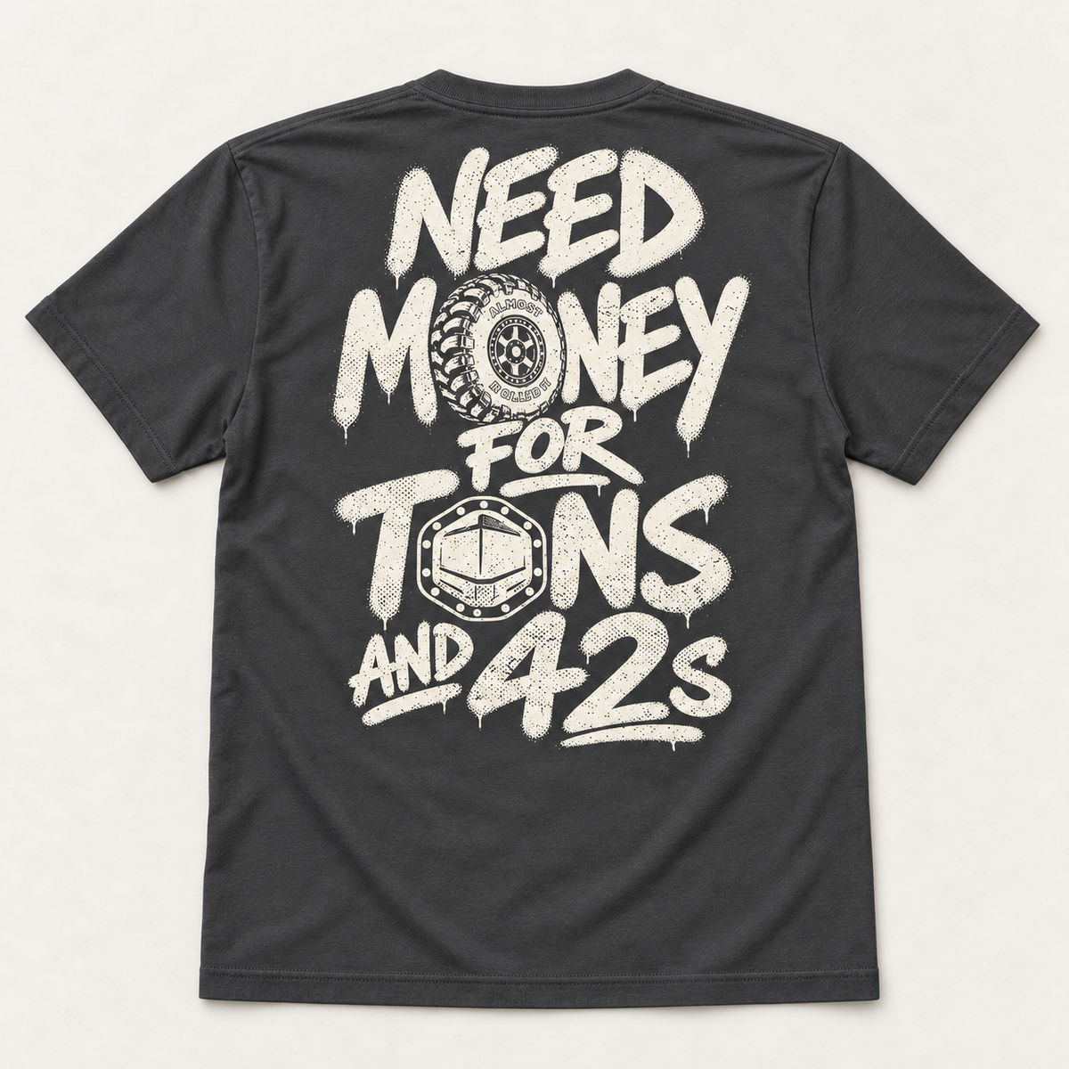 Tons and 42s Tee in Dark Grey, complete back flat lay.