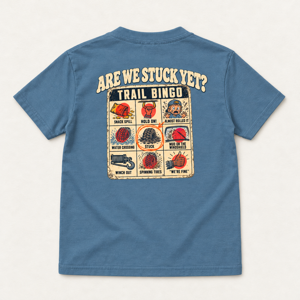 Complete back flat lay of the Are We Stuck Yet? youth tee in Indigo Blue, showing the Trail Bingo print.