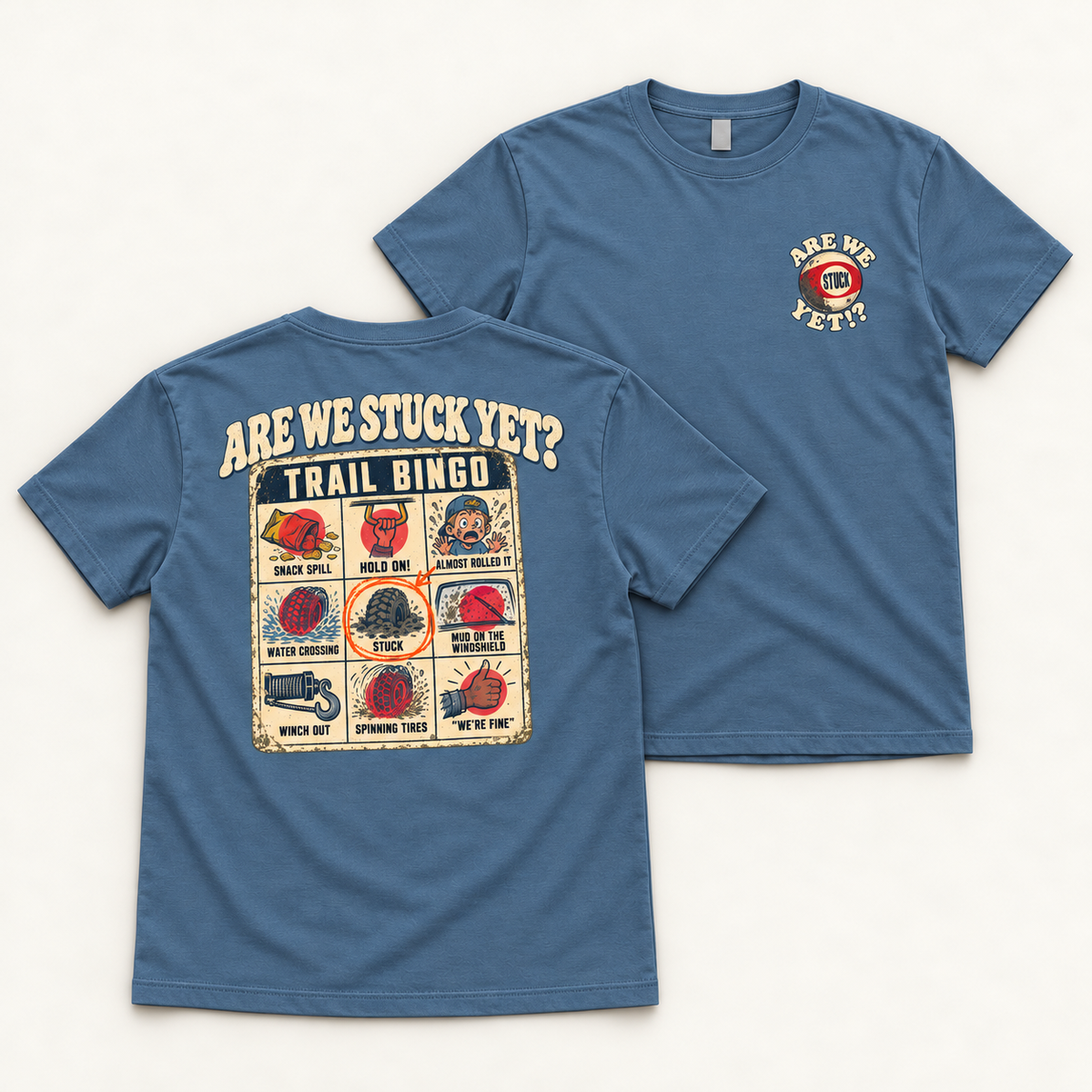 Complete back flat lay of the Are We Stuck Yet? youth tee in Indigo Blue, showing the Trail Bingo print.