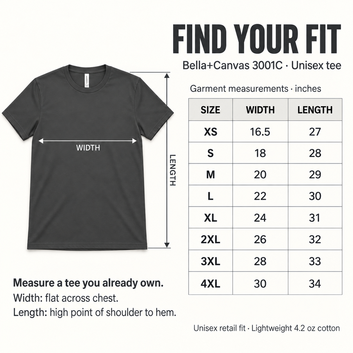 Bella+Canvas 3001C unisex tee garment size guide in inches, XS–4XL, with a plain tee measuring diagram. Width and length table also appears in the description.
