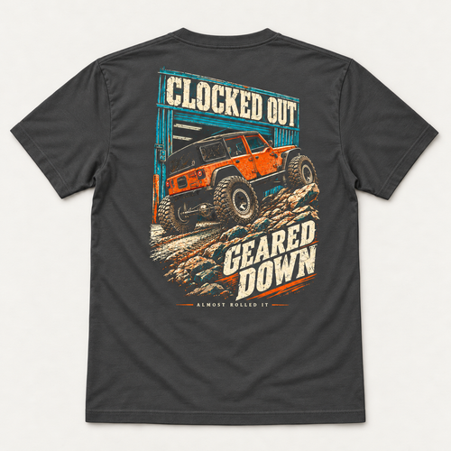 Clocked Out tee in Dark Grey, complete back flat lay showing the orange rig and Clocked Out Geared Down artwork.