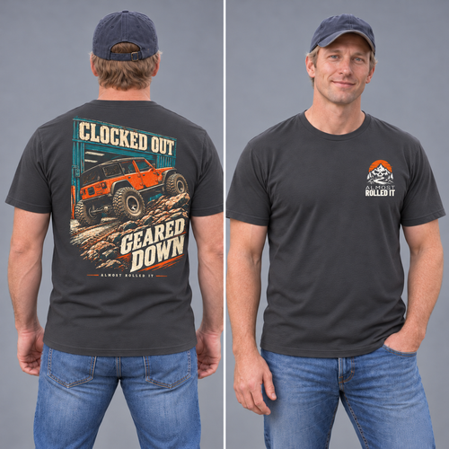 Clocked Out tee in Dark Grey, same clean-shaven male model in back-left and front-right studio views.