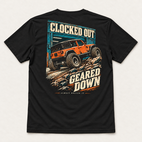 Clocked Out tee in Vintage Black, complete back flat lay showing the orange rig and Clocked Out Geared Down artwork.