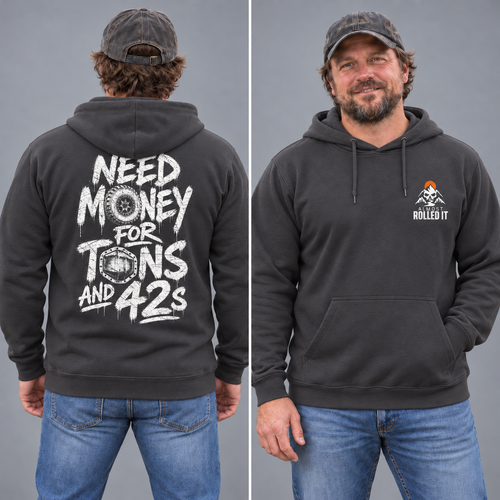 Tons & 42s hoodie in Asphalt, same scruffy male model in back-left and front-right studio views.