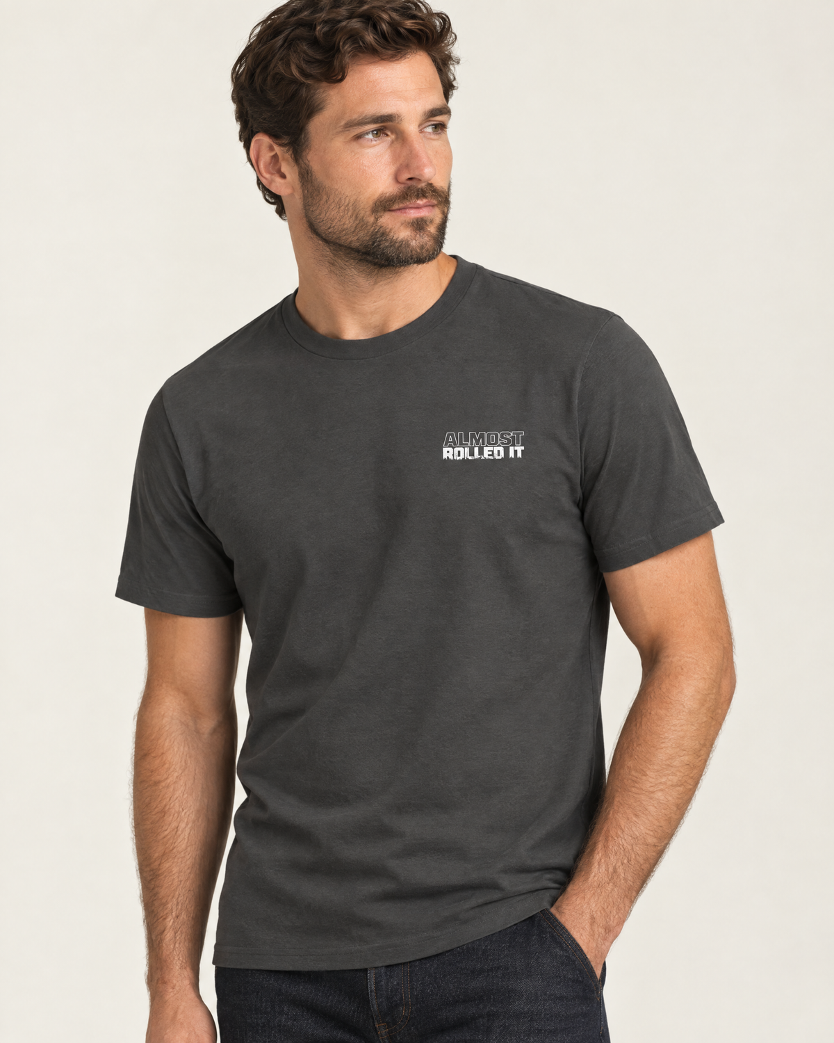 Front of the Shibby Bad Lines tee on a model: small white Almost Rolled It chest logo