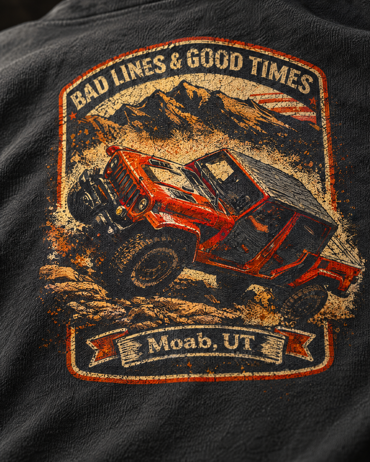 Close-up of the Bad Lines and Good Times badge print on soft cotton