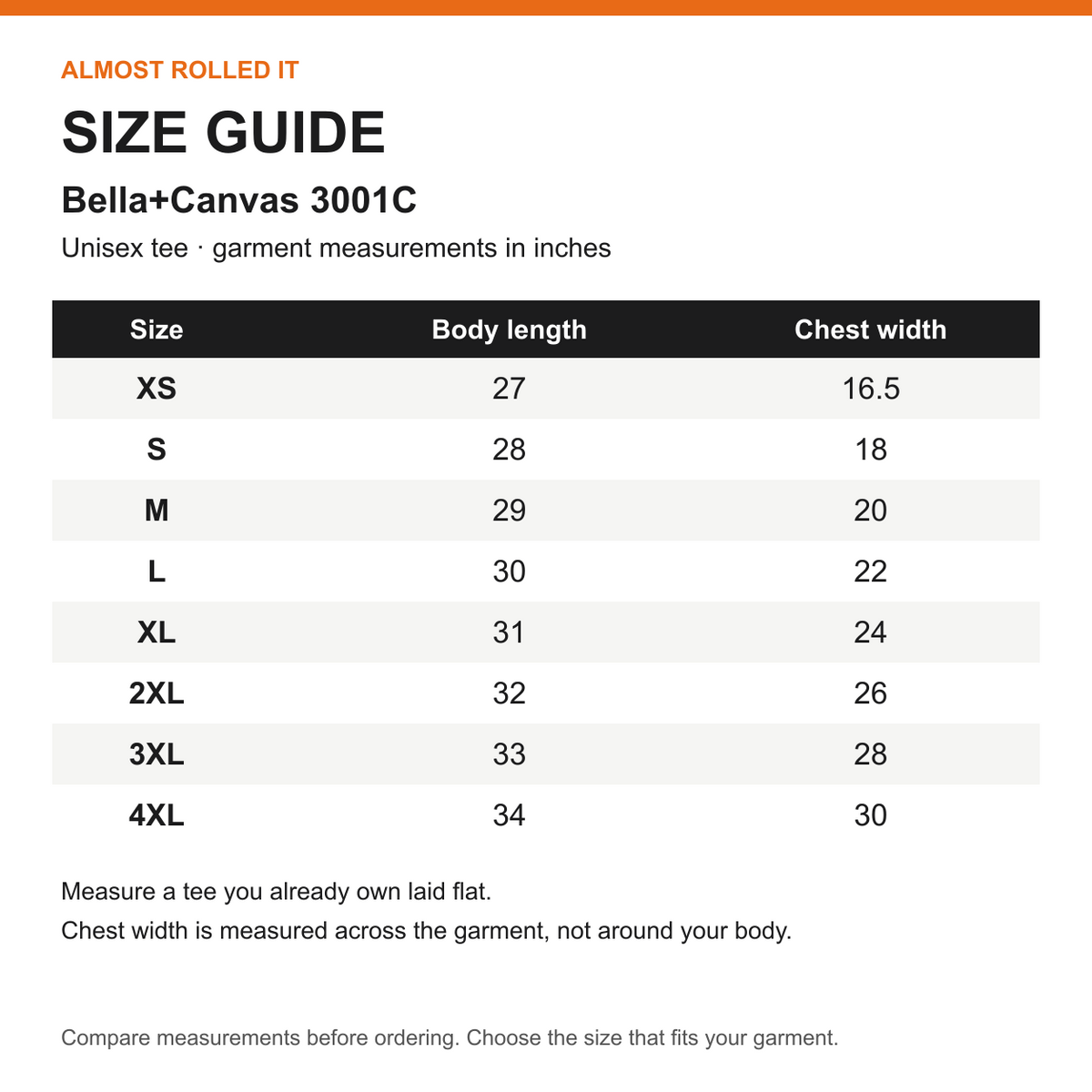 Bella+Canvas 3001C adult tee size guide: body length and flat chest width in inches, XS–4XL