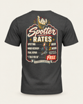 Spotter Rates tee in dark grey, back view: vintage price-board print with a hand at the top, spotting rates in beers, and I told you so for free