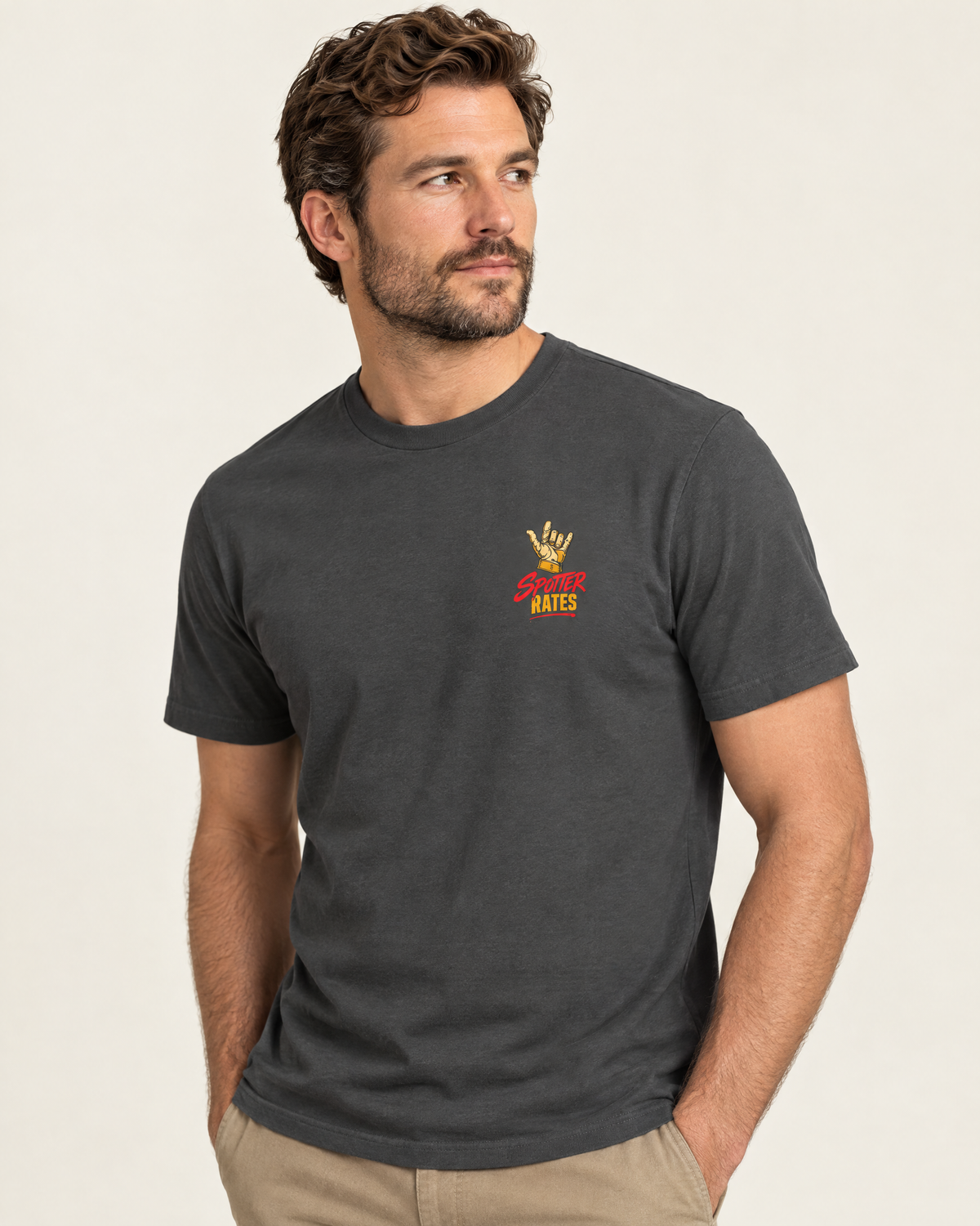 Front of the Spotter Rates tee on a model: small hand-and-Rates chest graphic