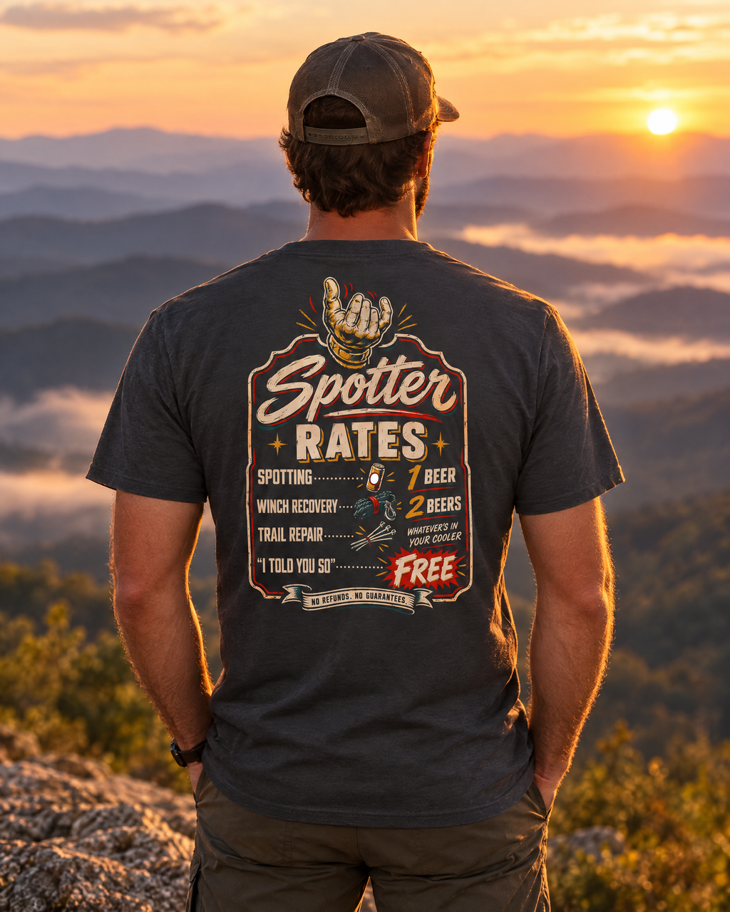 Man wearing the Spotter Rates tee on a mountain ledge at sunset, back print showing
