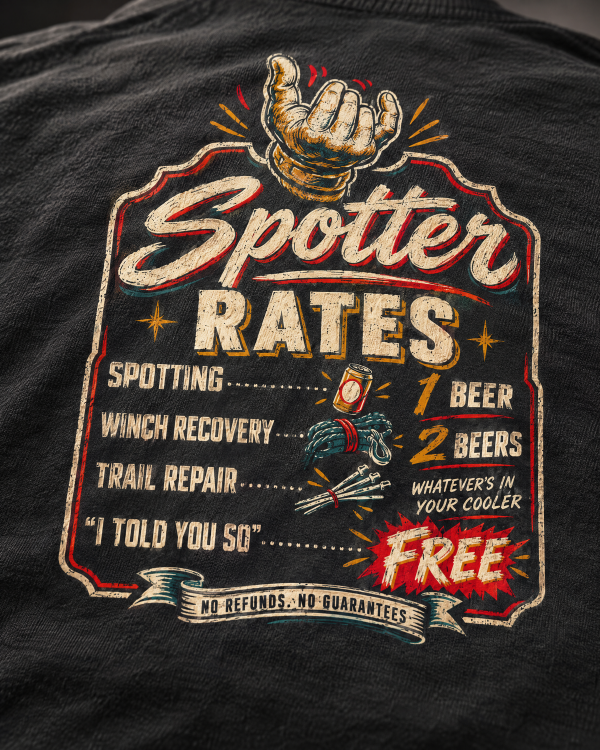 Close-up of the Spotter Rates price-board print on soft cotton