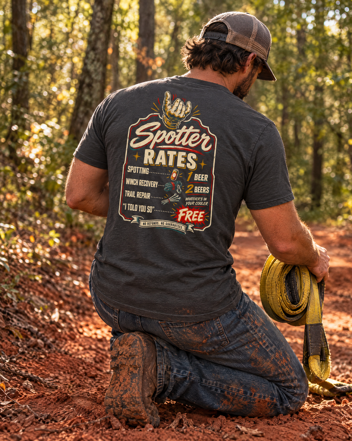 Man coiling a recovery strap on a red-clay trail in the Spotter Rates tee